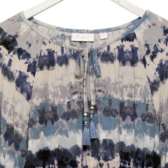 BELLE Kim Gravel Peasant Top Medium Womens Stretch Blue Gray Tie Dye Tassels - Picture 3 of 6